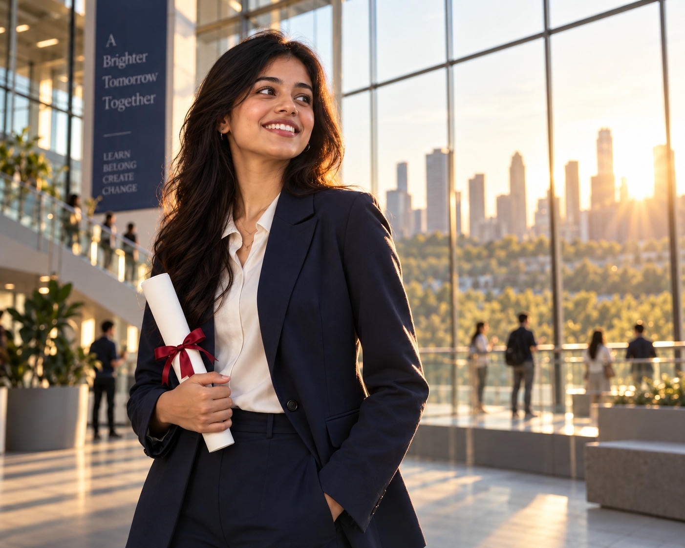 A smiling recent graduate holding a diploma in a sunlit university atrium