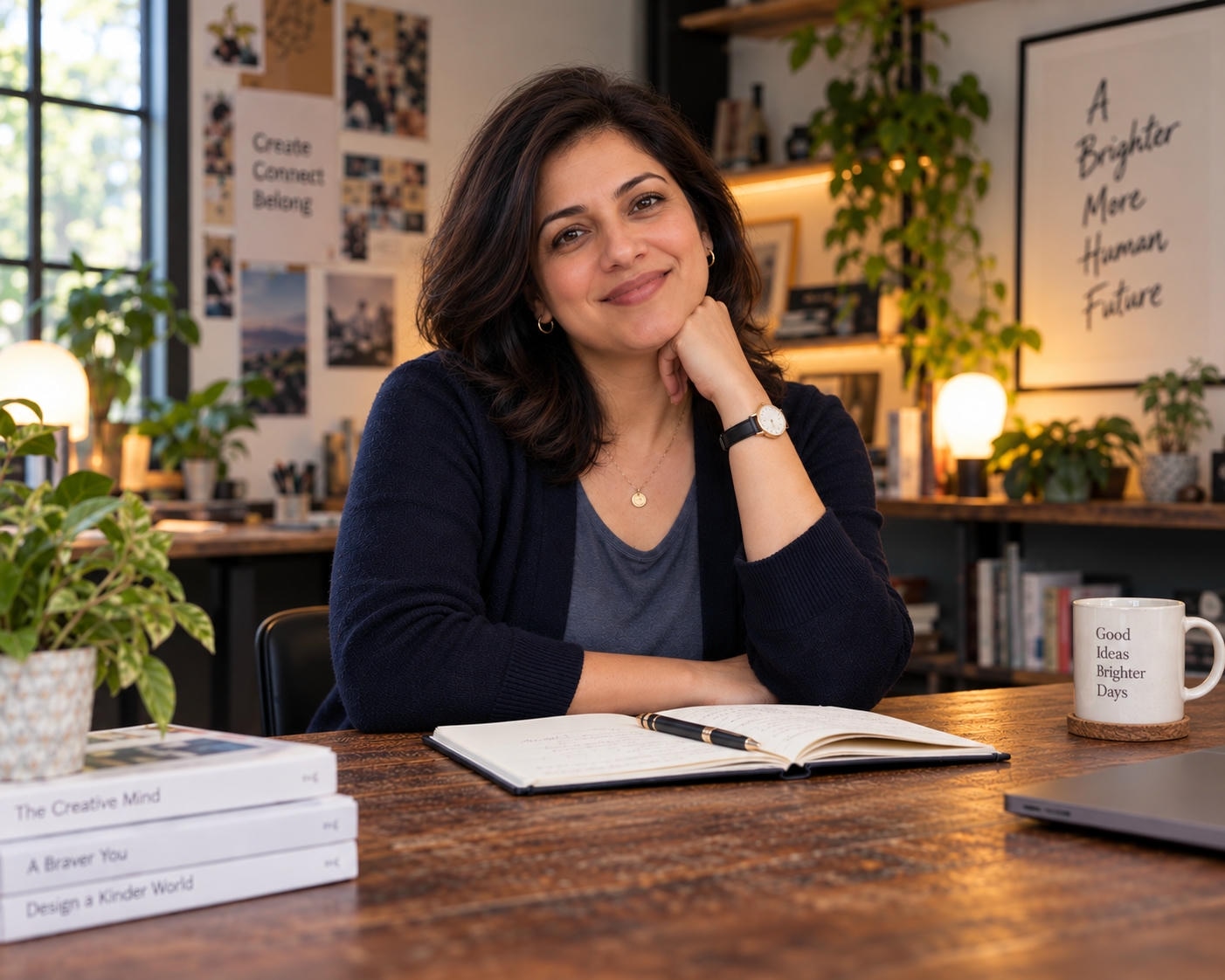 A confident career switcher resting her chin on her hand at a desk with an open notebook
